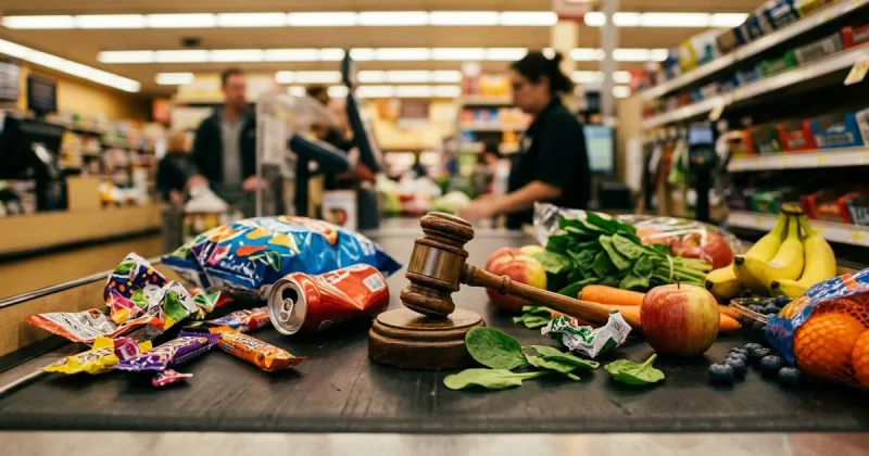 Judges gavel on grocery store checkout belt surrounded by candy and fresh produce