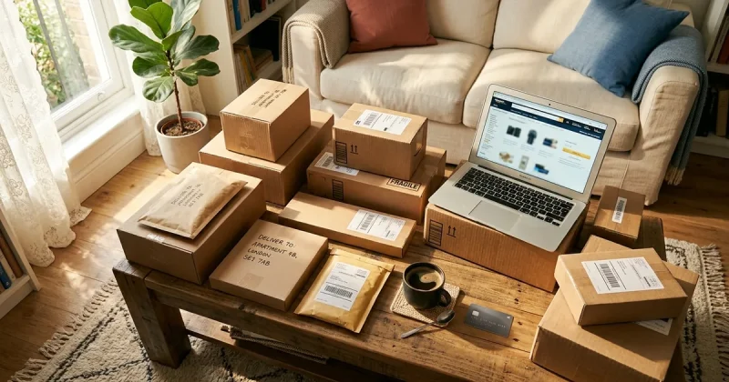 Coffee table covered with delivery packages and an open laptop showing a shopping page in warm morning light