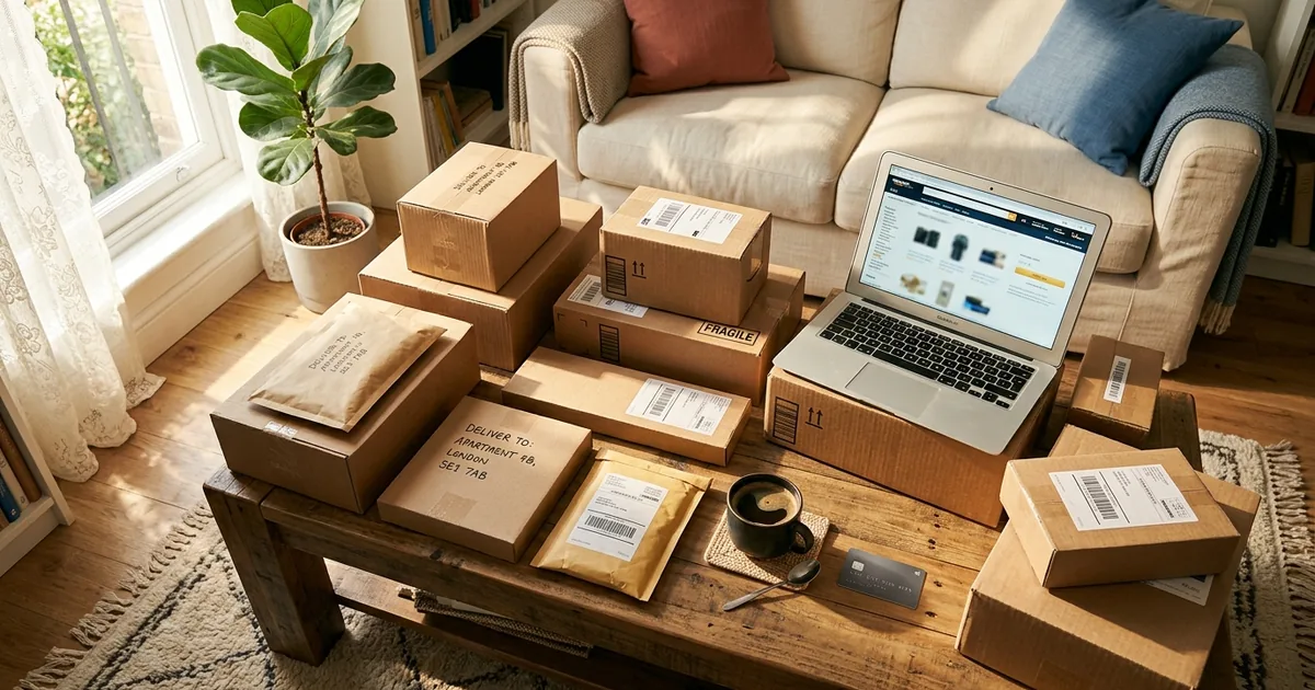 Coffee table covered with delivery packages and an open laptop showing a shopping page in warm morning light