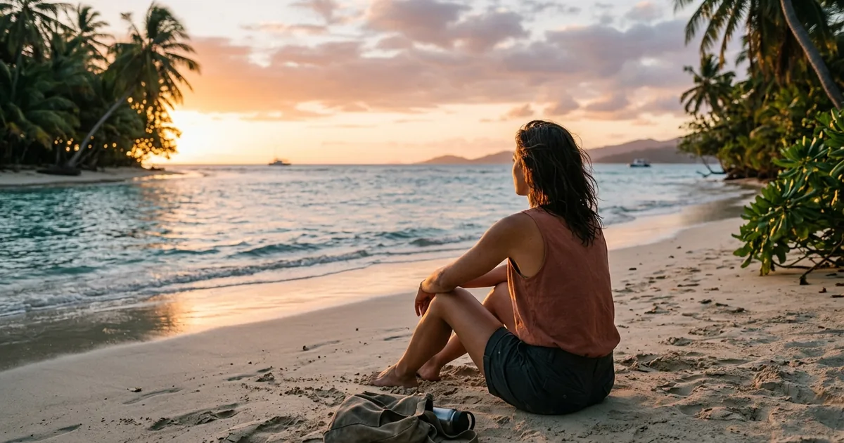 Woman sitting peacefully on a tropical beach at golden hour looking out at turquoise ocean