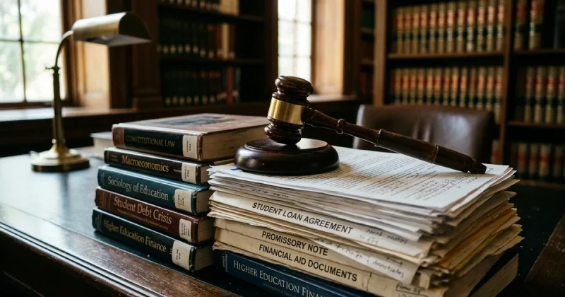 A gavel resting on student loan documents and university textbooks in a law library