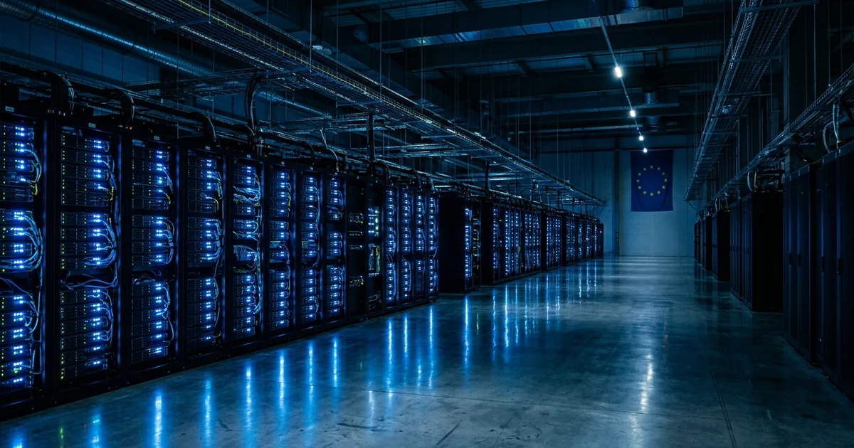 A massive cloud computing server room with blue LED lights and an EU flag on the wall