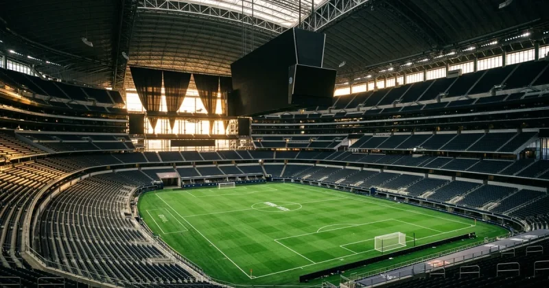 Interior of AT&T Stadium with curtains covering the west end glass windows and a green soccer pitch