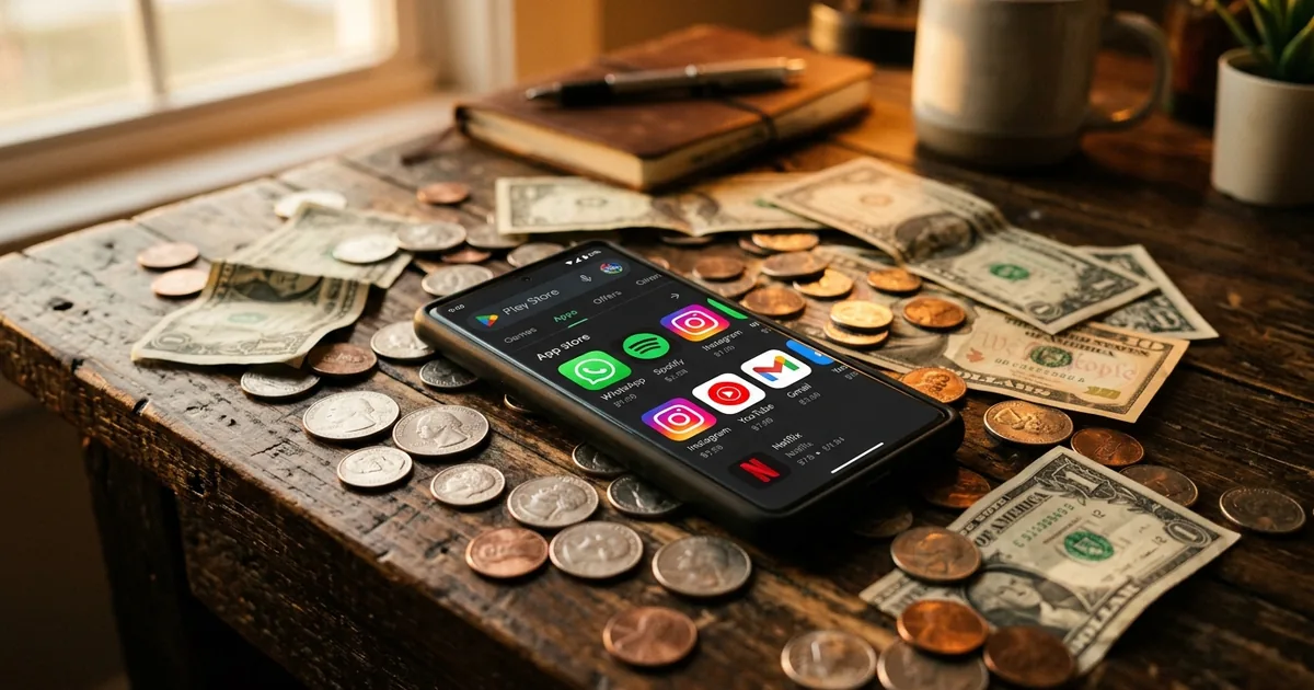 A smartphone displaying the Google Play Store surrounded by coins and dollar bills on a desk
