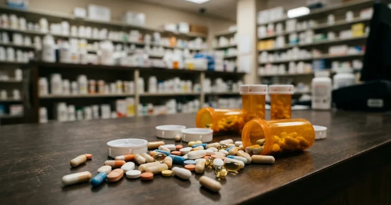 Prescription medication bottles with pills scattered on a pharmacy counter