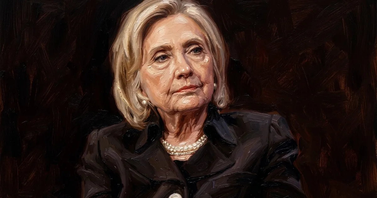Oil-painting-style portrait of Hillary Clinton in a dark blazer and pearl necklace, looking thoughtful against a dark background