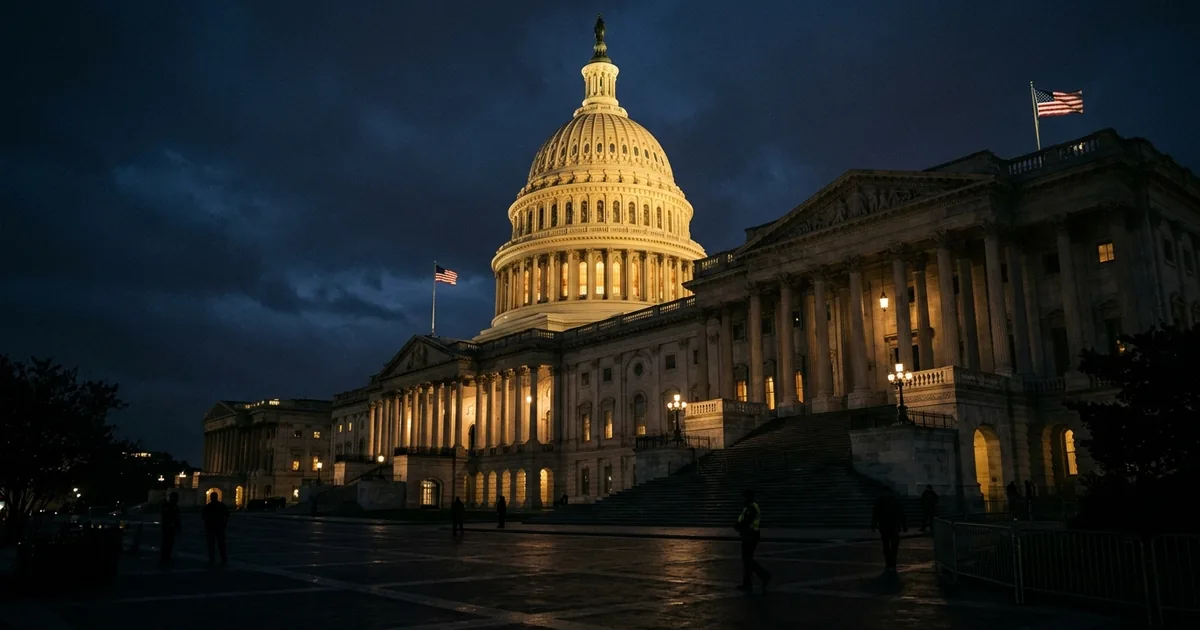 The United States Capitol building illuminated at night with American flags and dramatic sky