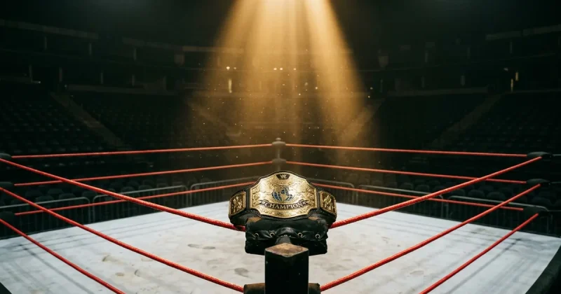 Empty wrestling ring with championship belt under a golden spotlight in a dark arena