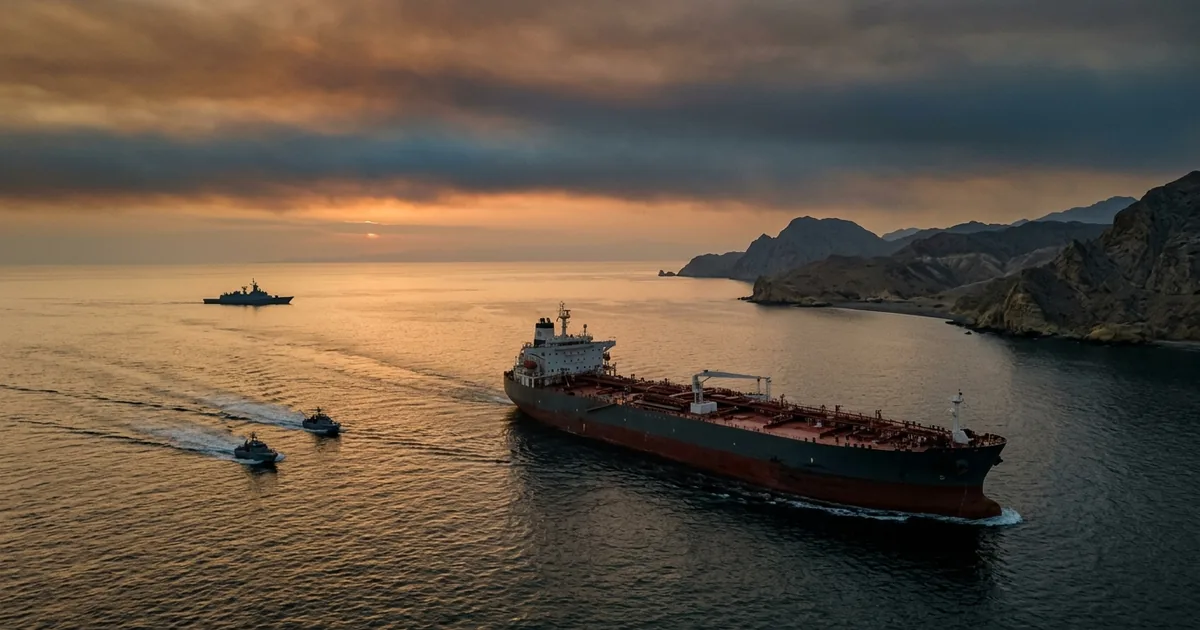 Aerial view of a crude oil supertanker, two fast-attack patrol boats, and a naval warship in the Strait of Hormuz at dusk