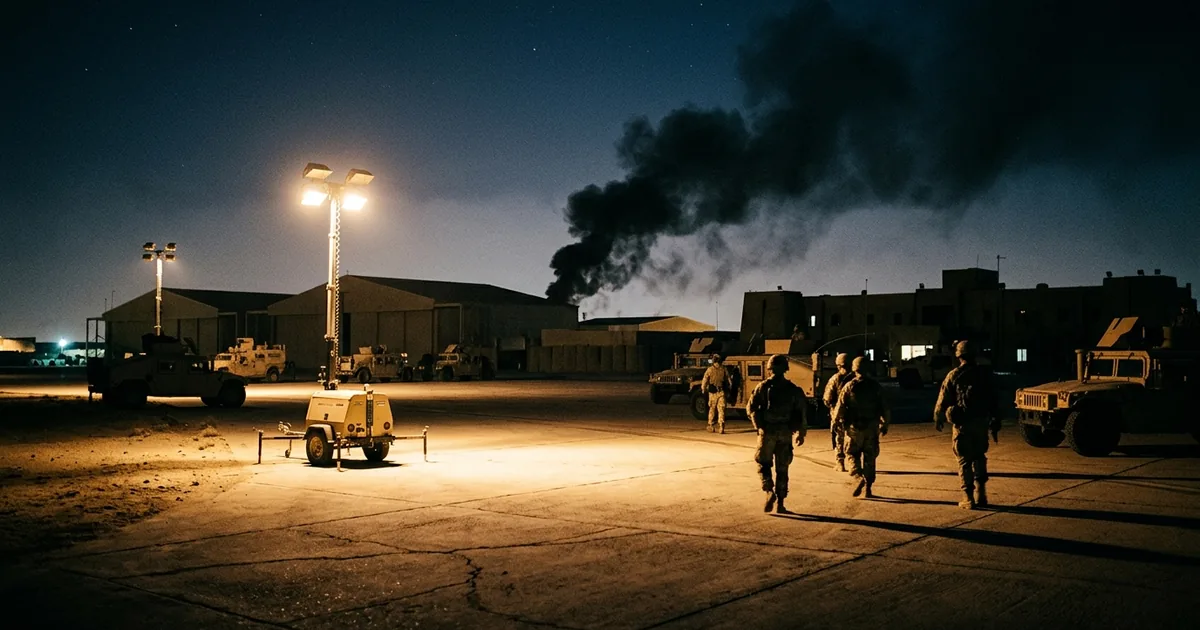A military airbase at night with floodlights illuminating the tarmac and smoke rising in the distance
