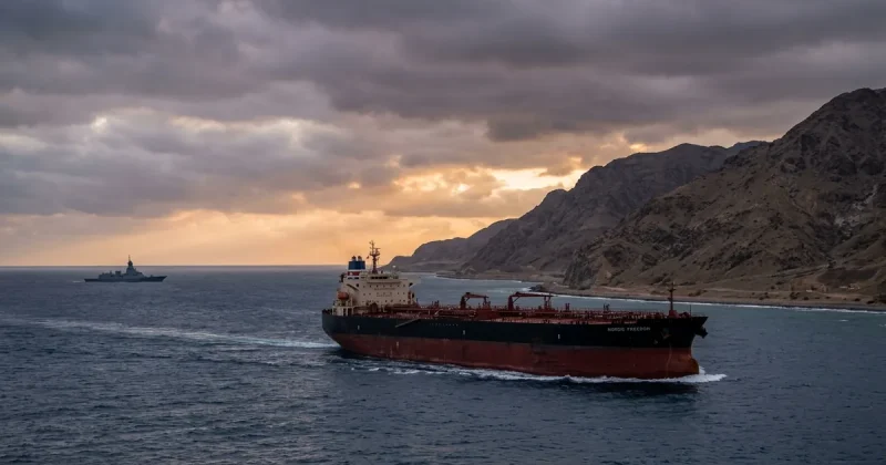 An oil supertanker passing through the narrow Strait of Hormuz at dusk with a distant naval warship silhouette on the horizon