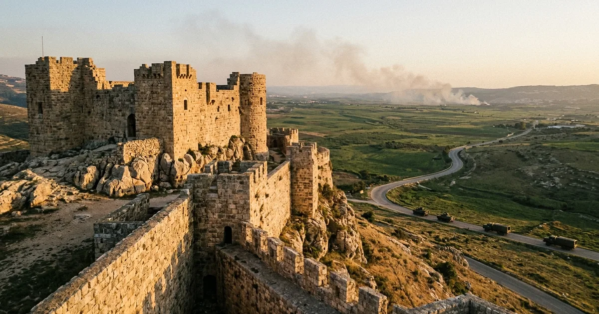 Medieval Beaufort Castle overlooking southern Lebanon valley with smoke visible on the horizon