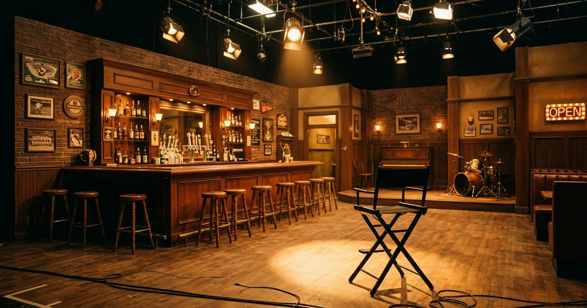 An empty television studio bar set with warm golden lighting and an empty director chair in the foreground spotlight