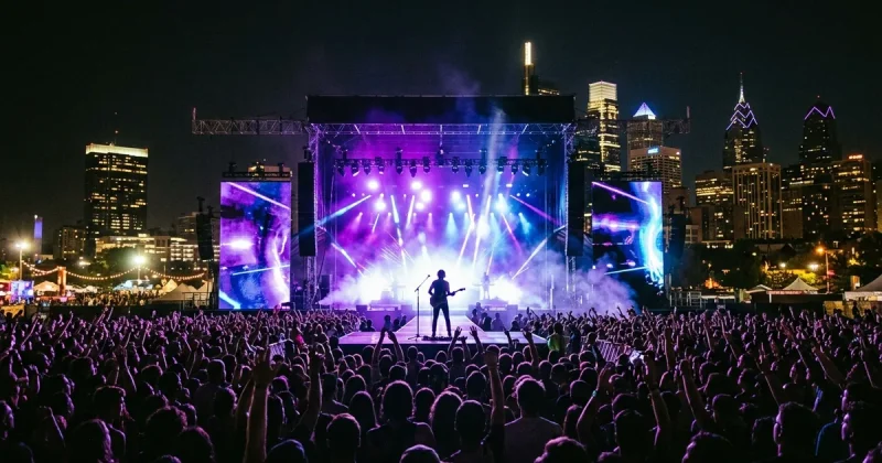 Music festival stage at night with performer silhouetted against purple lights and Philadelphia skyline