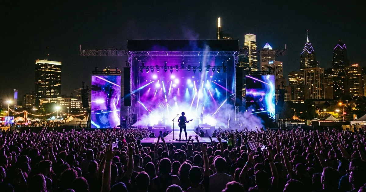 Music festival stage at night with performer silhouetted against purple lights and Philadelphia skyline