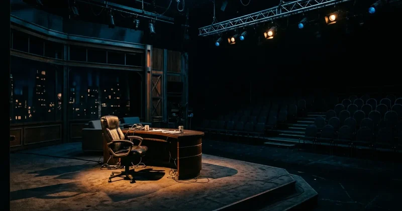 An empty late-night television talk show set with a single desk and chair illuminated by a spotlight in a dark studio with empty audience seats
