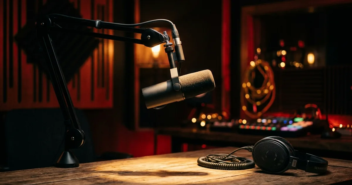 Professional podcast microphone on boom arm with headphones on desk in dark studio with red accent lighting