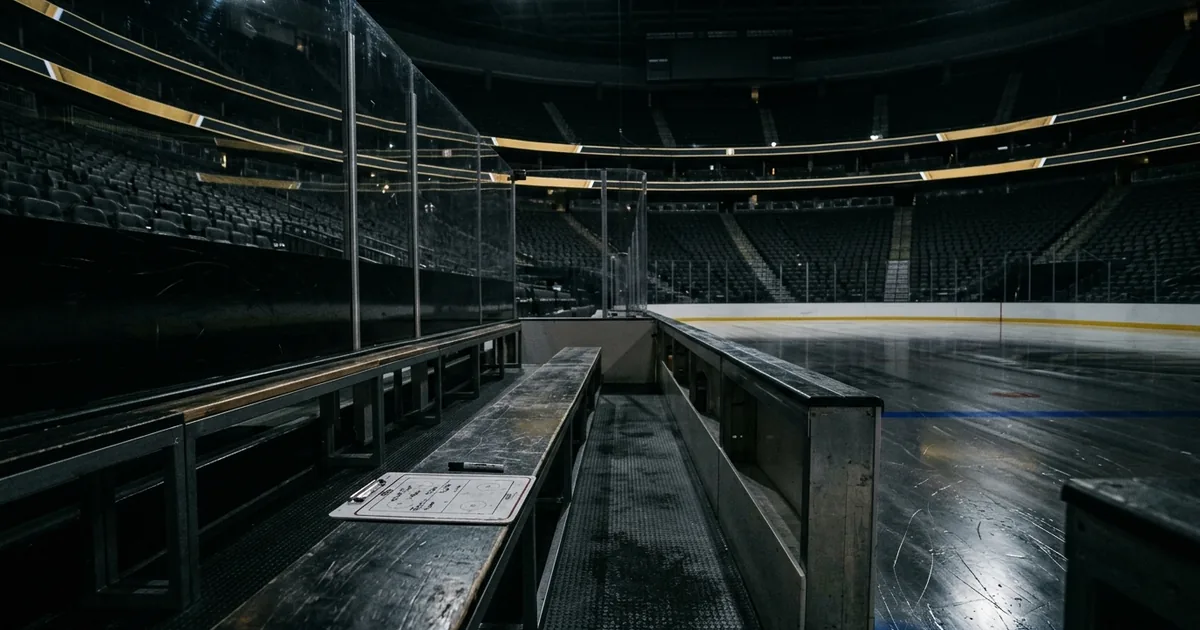 An empty NHL coaches bench beside the ice in a darkened arena with a dry-erase board left behind