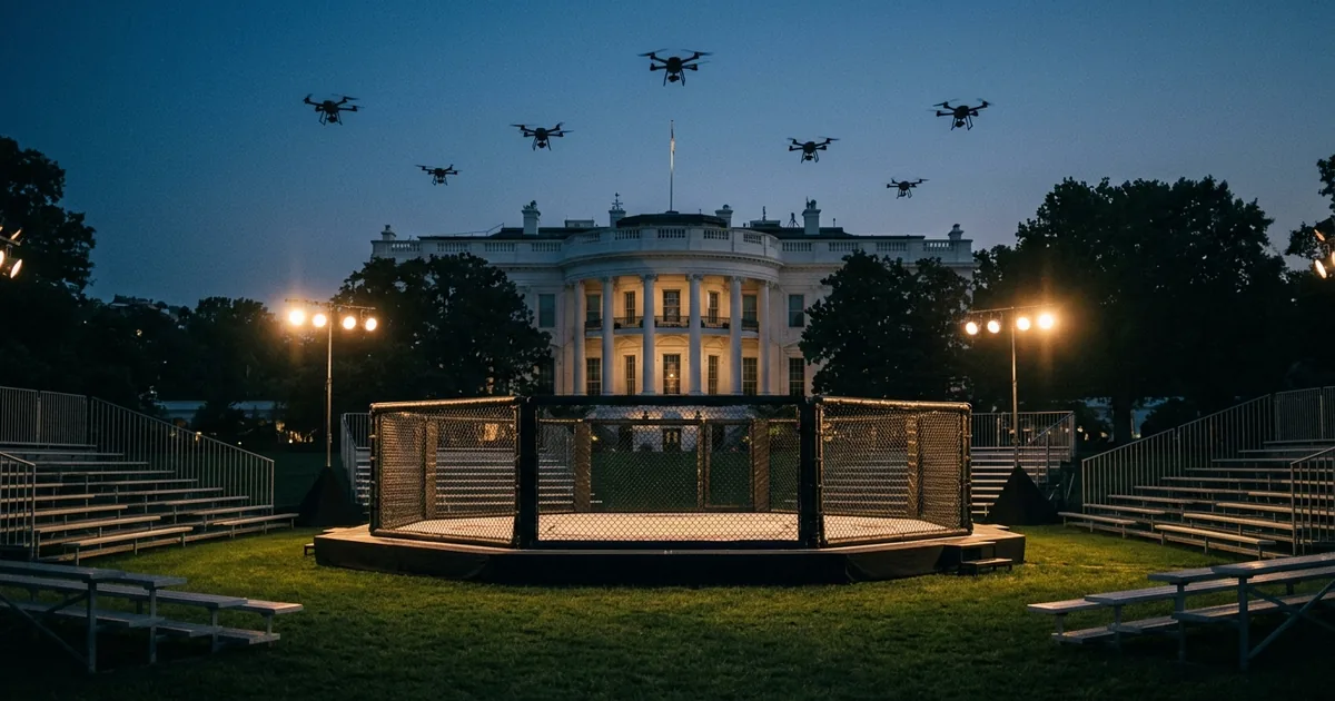 An MMA octagon cage set up on the White House South Lawn at dusk, with small quadcopter drones in the darkening sky above and the illuminated White House behind it