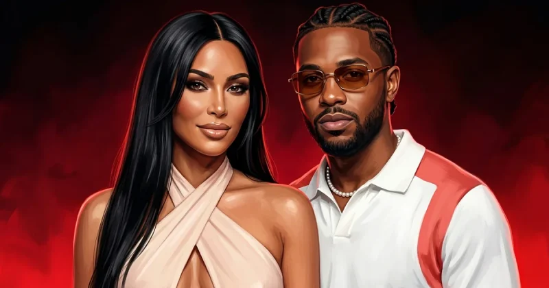 Painterly editorial portrait of a glamorous couple, a woman with long black hair in a blush crossover halter dress beside a man in amber sunglasses and a white polo, against a deep red and black backdrop
