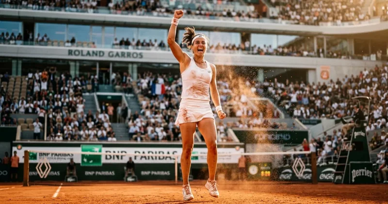 A female tennis player celebrates with a fist pump on the red clay court at Roland Garros with the crowd and stadium behind her
