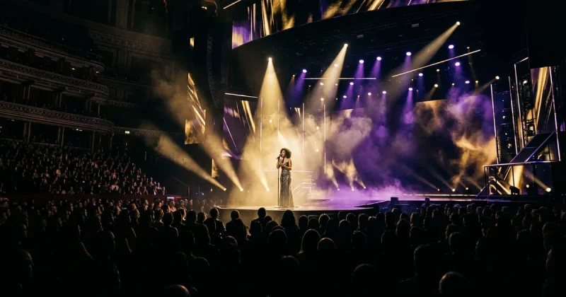 A solo performer on a grand awards ceremony stage bathed in gold and purple spotlight beams with audience silhouetted