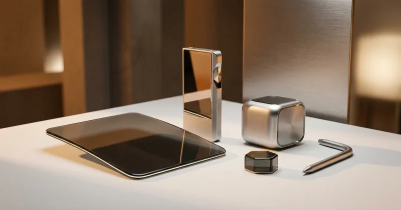 Sleek futuristic consumer electronics devices arranged on a minimalist surface with warm studio lighting