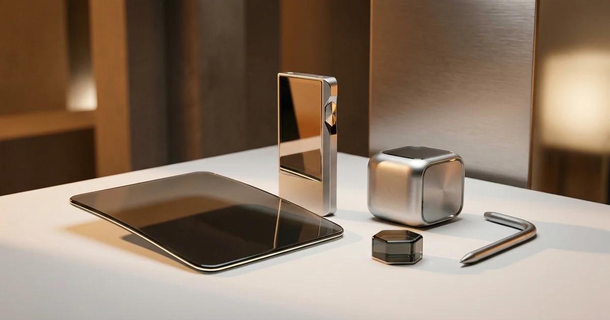 Sleek futuristic consumer electronics devices arranged on a minimalist surface with warm studio lighting
