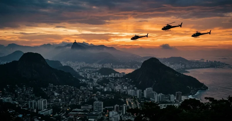 Helicopters silhouetted against orange sky over Rio de Janeiro at dawn