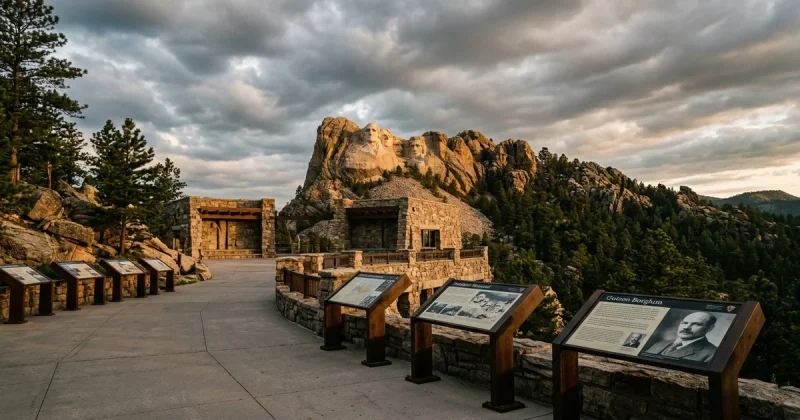 Interpretive educational signs at a national park monument under dramatic cloudy sky