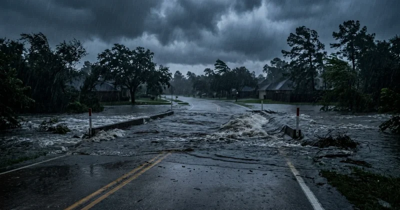 Floodwater rushing across a low-water crossing in a Texas neighborhood during heavy rain