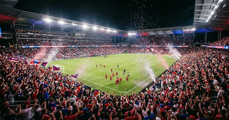 Packed American soccer stadium at night with confetti falling during World Cup celebration