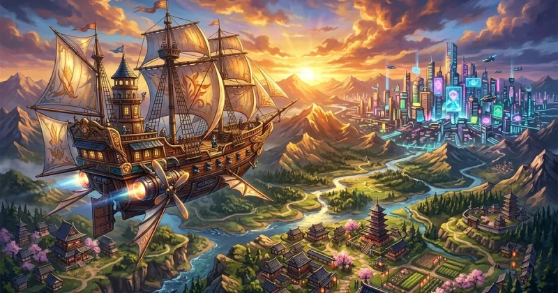 Fantasy airship flying over a sprawling landscape with mountains and cities in JRPG art style
