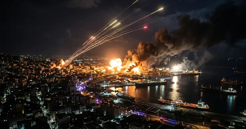 Nighttime aerial view of explosions and anti-aircraft fire over a coastal city during US-Iran military strikes
