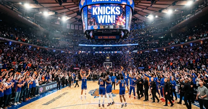 New York Knicks players celebrate on court at Madison Square Garden as confetti falls during NBA Finals Game 4