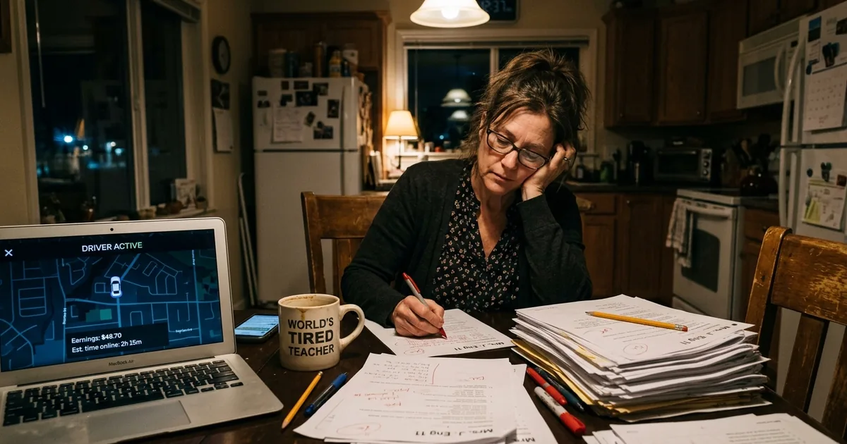 Exhausted teacher grading papers at kitchen table late at night with rideshare driver app on laptop screen