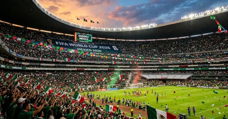 Packed Estadio Azteca in Mexico City during the FIFA World Cup 2026 opening ceremony with fans waving Mexican flags