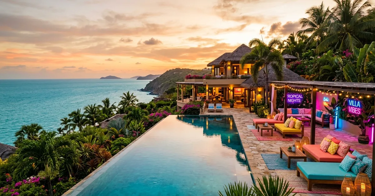 A tropical villa with an infinity pool and neon-lit lounge overlooking the ocean at golden hour