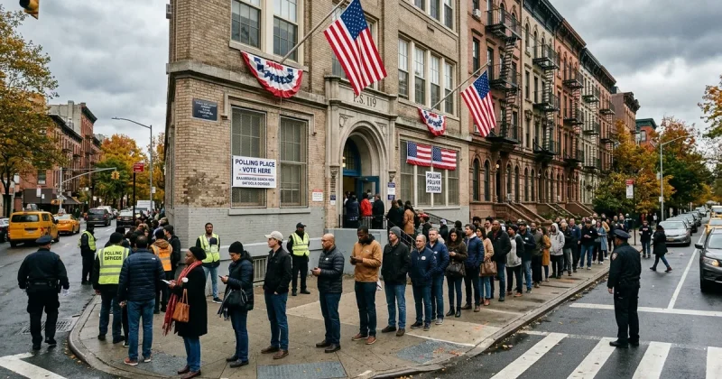 Voters lined up outside a New York City polling station with American flags and brownstone buildings