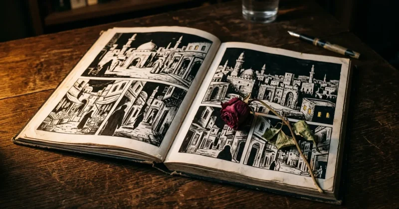 Open graphic novel showing black and white illustrated panels of a Middle Eastern city with a dried rose resting on the pages