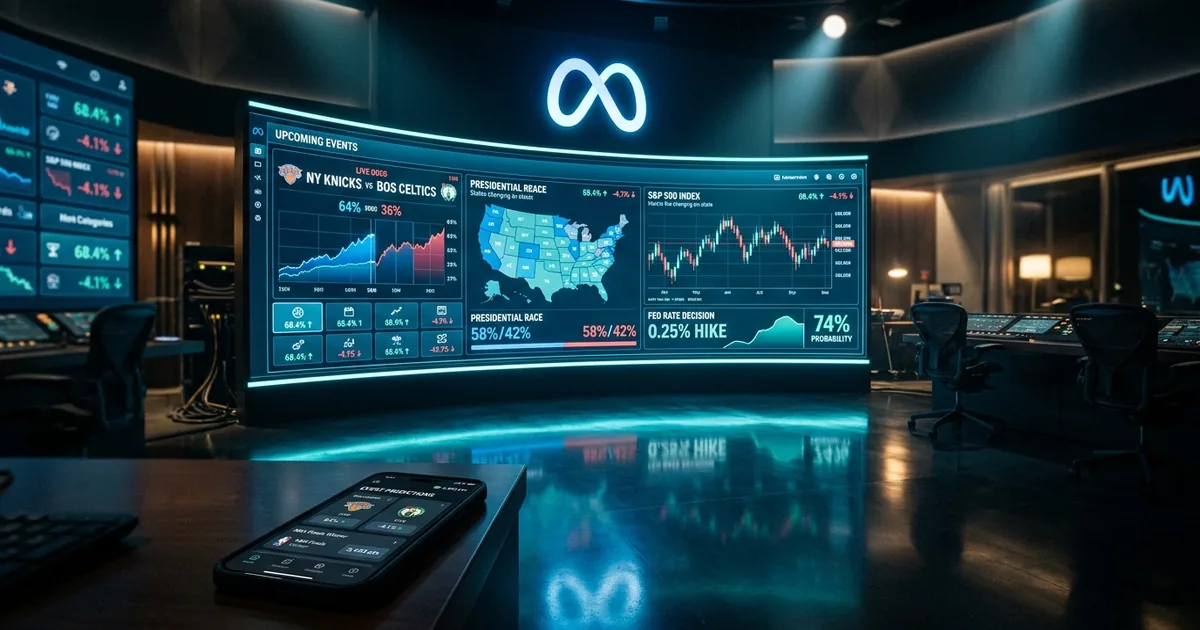 A control room screen shows a Meta-branded prediction-market dashboard with live odds for a basketball game, a U.S. election map, the S&P 500, and a Federal Reserve rate decision
