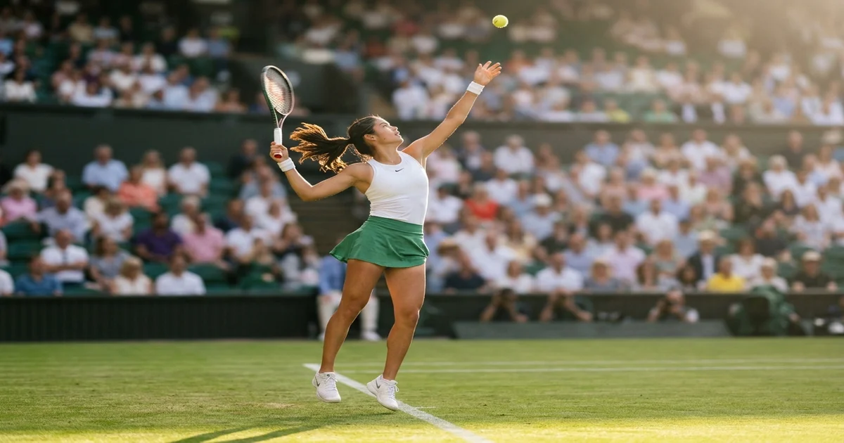 Tennis player serving on grass court in golden sunlight at a packed stadium