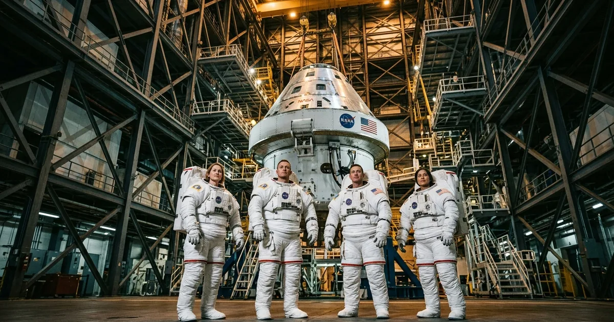 Four astronauts in white NASA spacesuits standing in front of the Orion spacecraft in the Vehicle Assembly Building