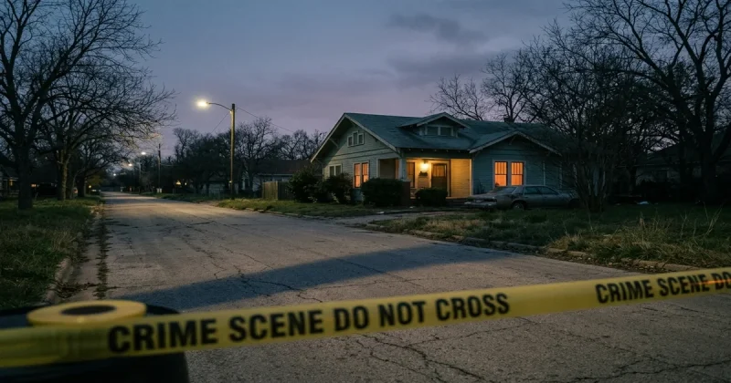 Small-town Texas street at dusk with crime scene tape and modest house in background