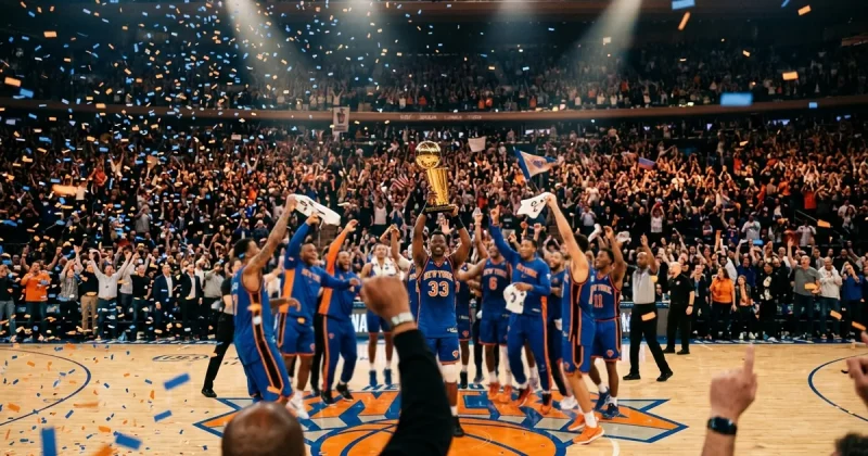 Basketball players in blue and orange uniforms raise a gold championship trophy amid falling confetti on the court of a packed arena