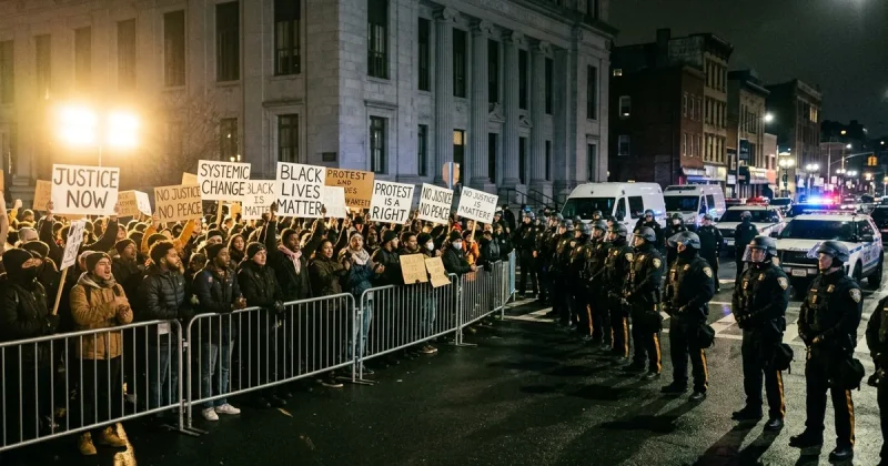 Protesters behind barricades facing police at night outside an institutional building in Newark