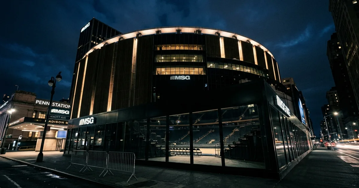 Madison Square Garden lit up at night with empty seats visible through glass panels