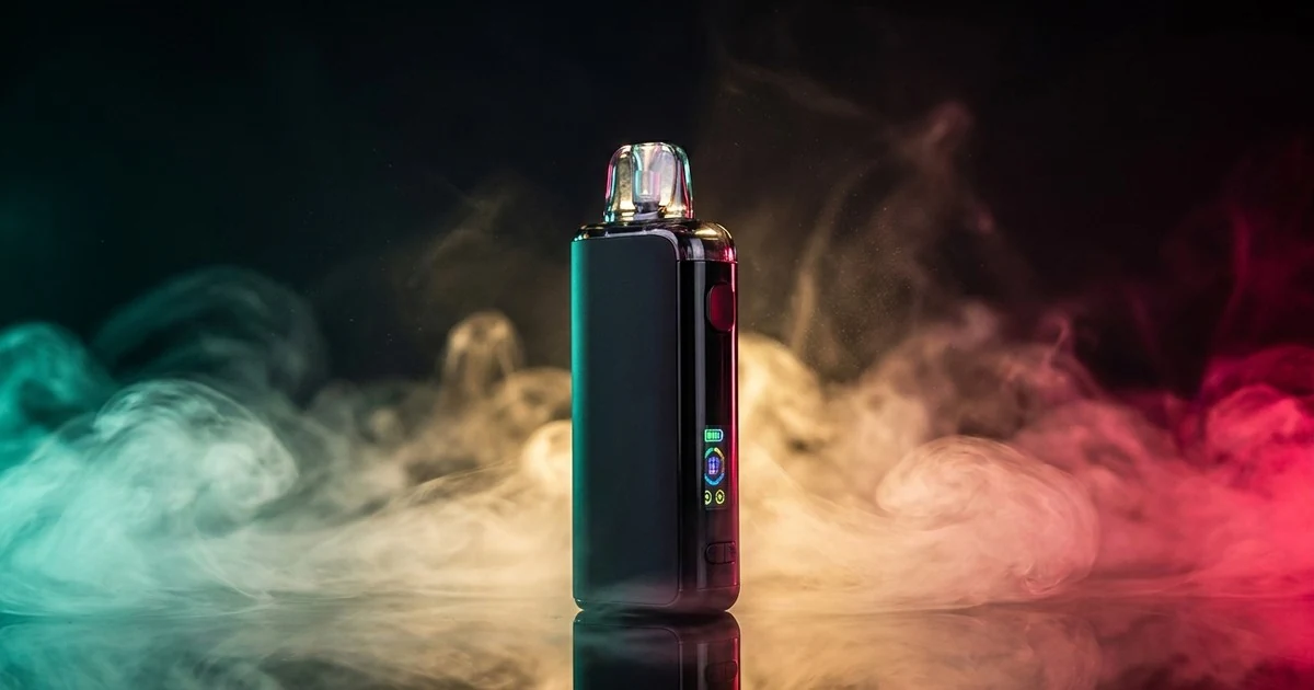 A Mr Fog Switch 45K disposable vape device standing in swirling vapor, lit by teal, amber, and red neon representing Eco, Boost, and Turbo power modes
