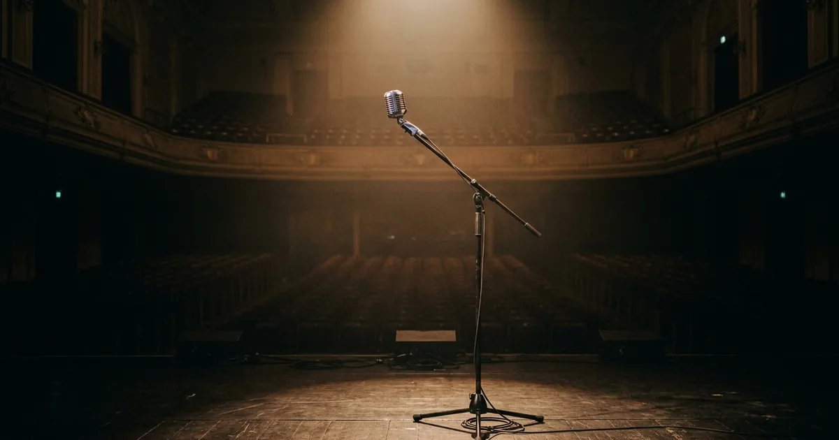 A single vintage microphone on a stand lit by one spotlight on an empty concert stage