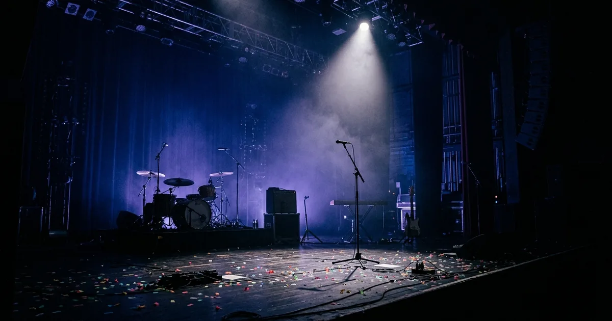 Empty concert stage illuminated by a single spotlight with instruments silhouetted and confetti on the floor